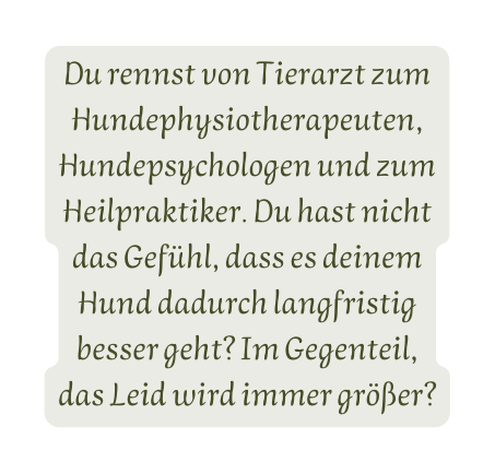 Du rennst von Tierarzt zum Hundephysiotherapeuten Hundepsychologen und zum Heilpraktiker Du hast nicht das Gefühl dass es deinem Hund dadurch langfristig besser geht Im Gegenteil das Leid wird immer größer